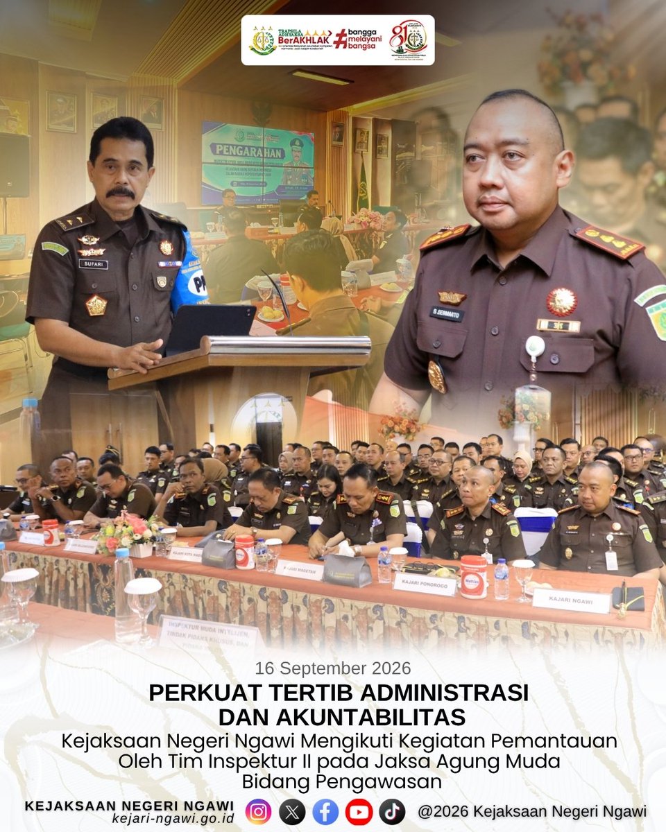 Kejaringawi's tweet photo. Rabu, 16 September 2026

Kepala Kejaksaan Negeri Ngawi, Bapak B. Hermanto, S.H., M.H. beserta jajaran mengikuti kegiatan Pemantauan oleh Tim Inspektur II pada Jaksa Agung Muda Bidang Pengawasan yang dilaksanakan secara terpusat di Kejaksaan Negeri Kabupaten Madiun. https://t.co/mh4LkliG1p