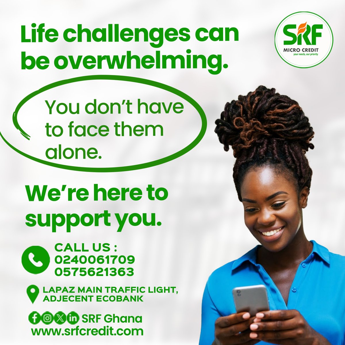 srfmoneylending's tweet photo. When life gets tough, we are your support.
Make use of our quick loans today.
Call now if you live in ACCRA.
Contacts: 0240061709/0575621363
Visit our website: https://t.co/pt5Z6fXBLM
#quickloans #reliableloans #businessloans #grouploans #srfmicrocredit https://t.co/a090LPydP3