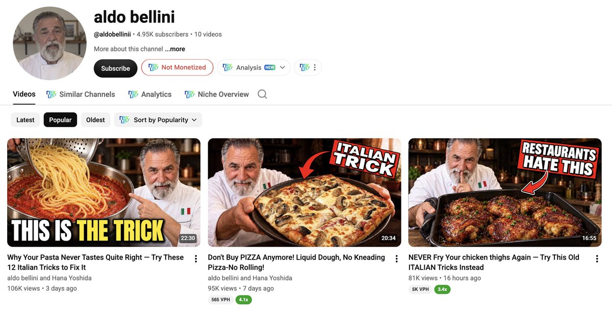 SubscribrAI's tweet photo. NICHE LEAK

He posted the same title two days in a row. Both did 80,000 views.

Aldo Bellini. 4,950 subs. 10 videos. No bio, no links, no description. There's a typo in the title.

"NEVER Fry Your Pork Chops Again — Try This Old ITALIAN Trick" — 79,000 views. Sep 14.
"NEVER Fry Your chicken thighs Again — Try This Old ITALIAN Tricks Instead" — 81,000 views. Sep 15.

One day apart. Same sentence. He swapped the meat and the second one beat the first.

Now here's the part that should bother you.

"NEVER Boil Collard Greens Again — Try This Old Pitmaster Trick" — 102,000 views.
"NEVER Boil Your Potatoes Again — Try This Old Mexican Trick" — 136,000 views.
"Stop Boiling Potatoes! Try This Japanese Trick" — 66,000 views.

Four different channels. Four different nationalities. One sentence.

NEVER do X again. Try this old Y trick.

Nobody in this niche is inventing anything. They're all running the same title with a different grandmother attached, and every single one of them is printing.

All four of Aldo's hits landed in the last seven days. Ten videos total on the channel.

You're not looking for an idea. You're looking for a sentence that already works.

You can run the whole thing in Subscribr. Idea, script, thumbnail, avatar, finished video, every channel in one place.