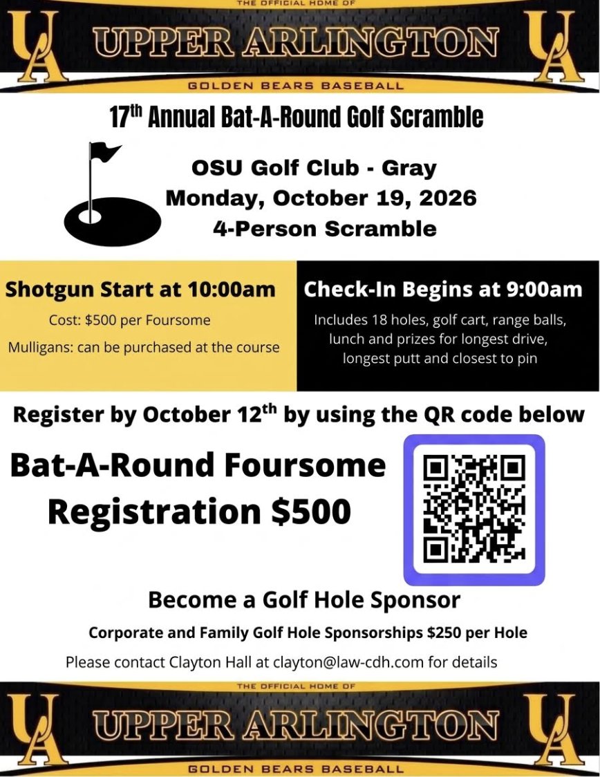 UABearsBaseball's tweet photo. ⛳️ REGISTRATION IS OPEN! ⚾️

Registration for the Upper Arlington Baseball Golf Outing is officially OPEN!

Come out, enjoy a great day on the course, and support Upper Arlington Baseball.  Help us continue building a strong future for our players and program.

👉 Sign up today https://t.co/qbENxgAqLR