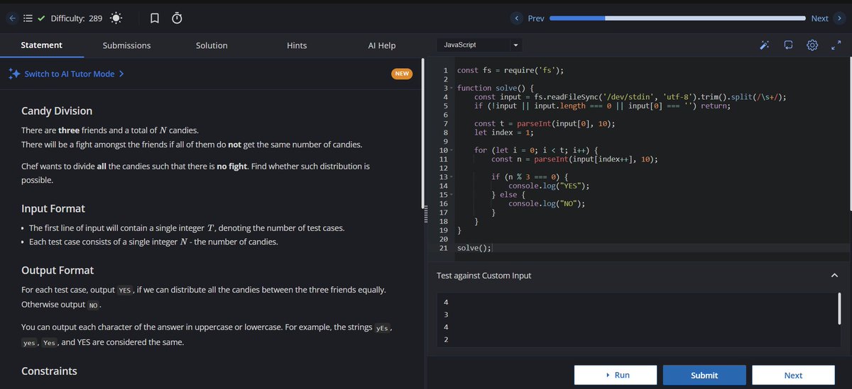 AkkalAbhishek's tweet photo. Day 150 of Coding
Solved another CodeChef problem — Candy Division.
Checked whether N candies can be divided equally among 3 friends using the modulo operator.
Time Complexity: O(T)
Space Complexity: O(T)
#Day150 #CodeChef #JavaScript #365DaysOfCode https://t.co/BVMlr1AeA0