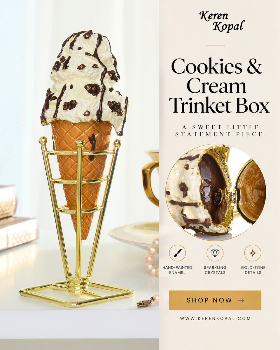 KerenKopal's tweet photo. A playful swirl of cookies, cream, and rich chocolate drizzle, finished with sparkling crystals and golden details.
๐ https://t.co/GRQaRYdoig
#kerenkopal #trinketboxes #musicboxes #windupcarousels #jewelry #craftsmanship #crystals #handmade #limitededition #gifts #fabergeeggs https://t.co/tfRGgJkXx2