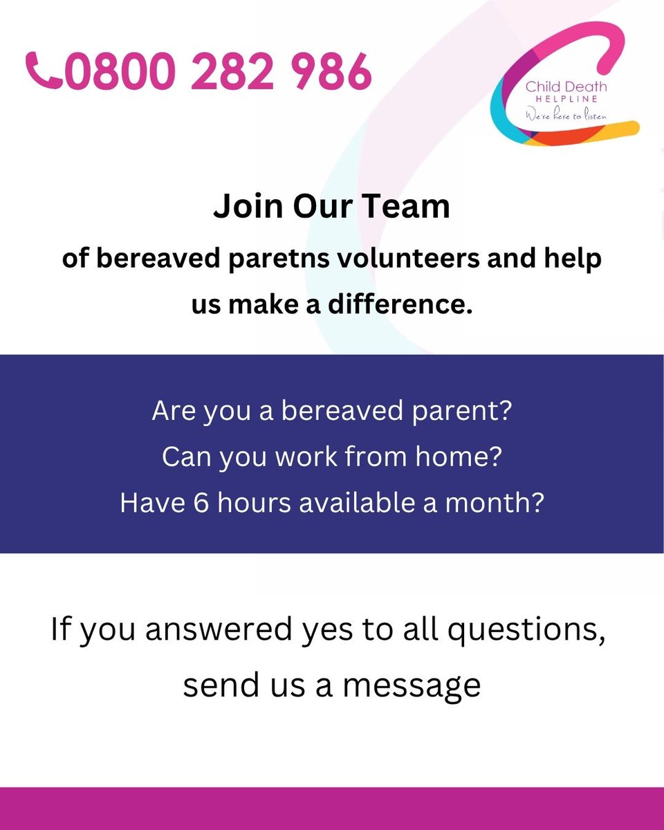 ChildDeathHelp's tweet photo. Join our team of bereaved parents who’ve been there and know how it feels to lose a child, listening, helping and supporting others. If it’s been 3 years and you feel that you can support others and want to give something back, message us, our callers need you.
#volunteer https://t.co/b3FhYQvnzZ