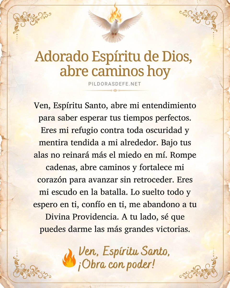 Pildorasdefe's tweet photo. Ven, Espíritu Santo de fuerza, y abre caminos hoy; enséñame a esperar tus tiempos perfectos.

🙌 https://t.co/bi5RGNNVSn