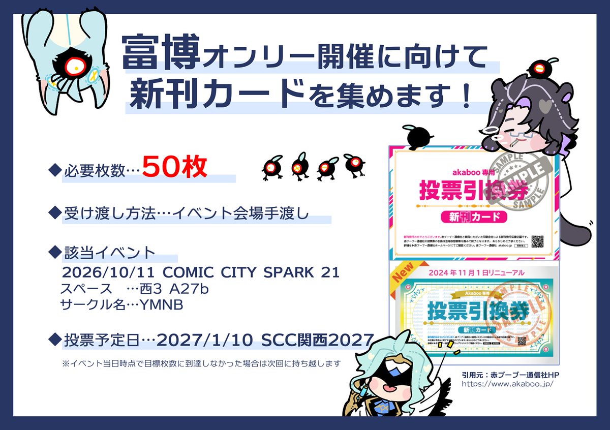 tonyu_gkgk's tweet photo. 🪙新刊カード募集のお知らせ🧪

富博オンリー開催に向けて、新刊カードを募集致します！
もしお手伝い頂ける方がいらっしゃいましたら、イベント当日弊スペースまでお声掛けください🙏🙏🙏
よろしくお願い致します～！
(※郵送対応は10/11に必要枚数に到達しなかった場合検討します)
#panttore https://t.co/vEz7gRLobh