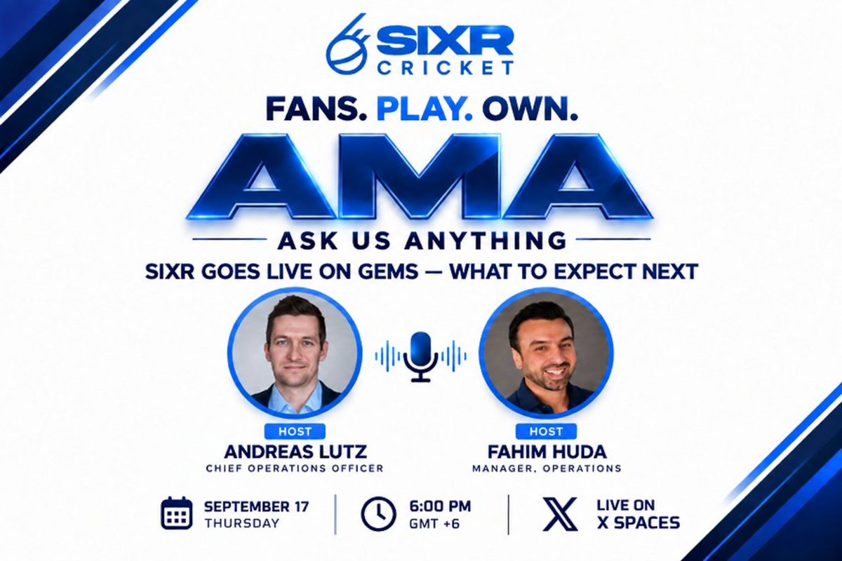 SIXR_cricket's tweet photo. 🚨 RESCHEDULED: 
⏰ Thursday, Sept 17 | 6:00 PM GMT+6

SIXR goes live on GEMS
Join us for an AMA on what to expect next
Hosted by Andreas Lutz (COO) and Fahim Huda (Manager, Operations)

Live on X Spaces
https://t.co/eSc4K4CO9n
Drop your questions below and we'll answer them live https://t.co/F6I21xLfso