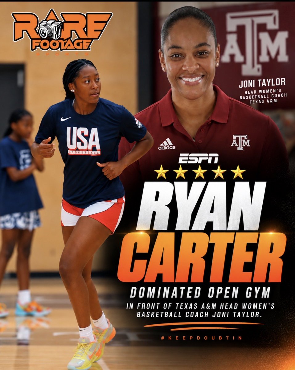 RareFootageNews's tweet photo. ESPN ⭐️⭐️⭐️⭐️⭐️ Ryan Carter (@rycarter21) dominated open gym in front of Texas A&amp;M head women’s basketball coach Joni Taylor. #KeepDoubtin https://t.co/whV5XhHBxU