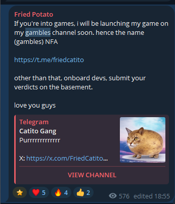 OwnTheW0rld's tweet photo. Argus's dev (@rrdbotato) has an Alt Account - @FriedCatito

It's called "Fried CATito", a meme version of his own account, and it's a f*cking Potato Cat, literally CashCat of Argus...

Proof:

Go on his main TG - https://t.co/LVotkxy94a 

Search "Gambles" keyword, and you can find his Gambles Channel with the X linked