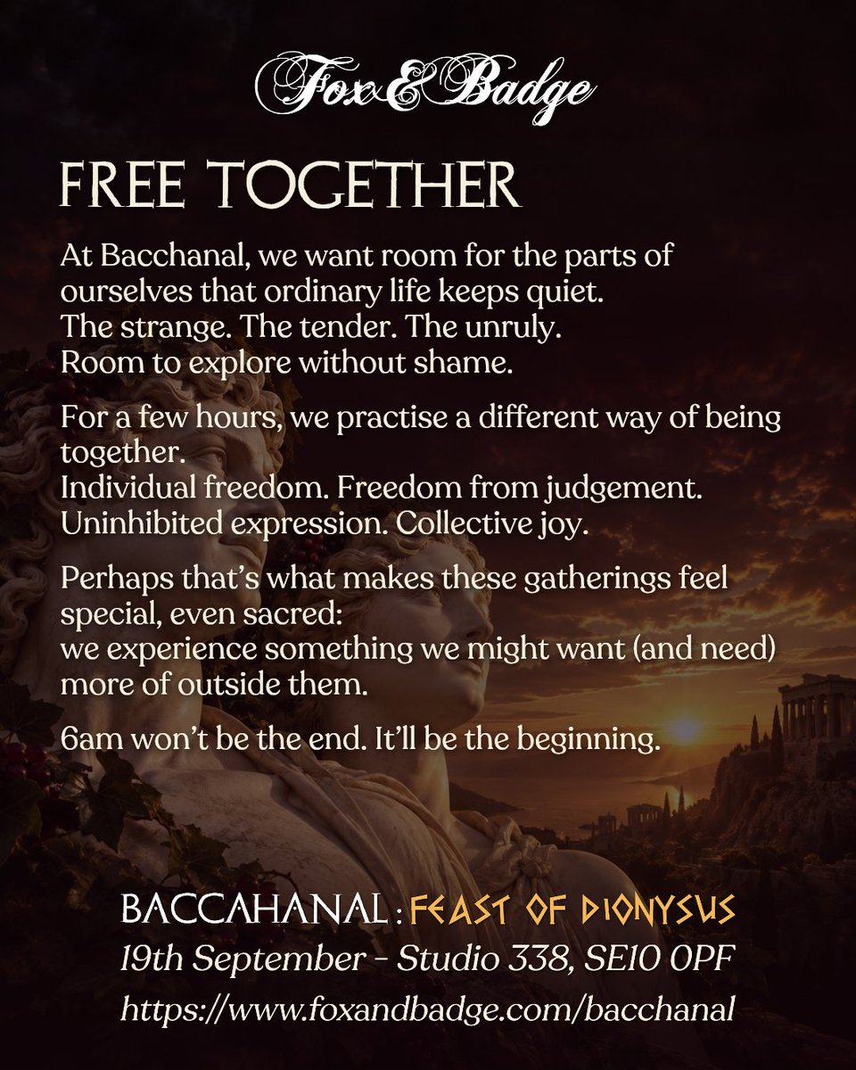 FoxandBadge's tweet photo. Come find release in rhythm. And each other.

Our 6am won’t be an end - but a new beginning.

*Just 3 days to go!* ❤️
BACCHANAL: Feast of Dionysus
19th September · 10pm-6am · Studio 338
https://t.co/fWXhrdN6Qa https://t.co/0QC3KLne10