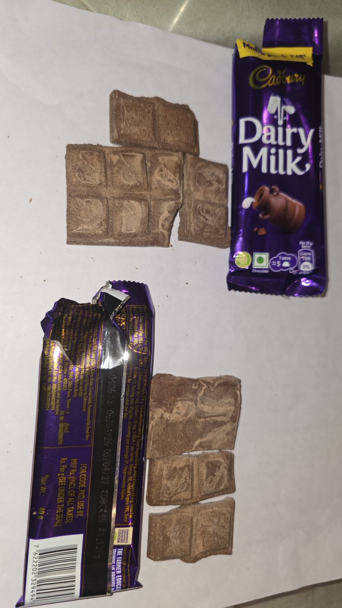 Hiteshp007007's tweet photo. @CMOfficeUP @fssaiindia @consumeraffairs @PMOIndia @DM_Ghaziabad  @CMOfficeUP @fssaiindia @DairyMilkIn @ghaziabadpolice Cadbury Dairy Milk purchased in Ghaziabad shows a significant white/discolored layer, and the product has an abnormal taste. This raises serious concerns about product quality, storage conditions and food-safety compliance.

Ghaziabad also faces repeated public concerns regarding alleged adulterated/fake food, medicines and beverages. Where is the enforcement and inspection?

I demand that the concerned authorities seize/test the reported batch, inspect the supply chain and retail point, and publish the findings/action taken. If any violation is established, strict legal action should follow. Consumer safety cannot be compromised, regardless of the size or reputation of the company.
