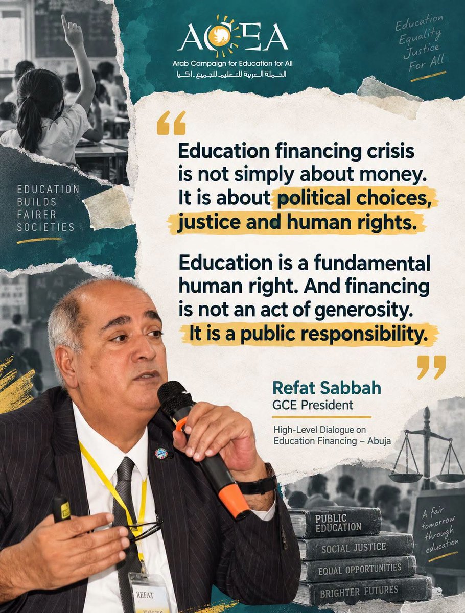 globaleducation's tweet photo. Yesterday, at the High-Level Dialogue on Education Financing in Abuja, Nigeria, GCE President Refat Sabbah joined participants virtually and asserted that education financing is a question of rights, justice, and public responsibility.
As governments, civil society, youth, and development partners build momentum towards the 2026 GPE Replenishment Summit, we must protect and increase equitable public investment in education, so that every learner can thrive.
#MultiplyPossibility #EducationFinancing #EducationForAll #EducationAccountability #SDG4 #FundEducation Arab Campaign for Education for All الحملة العربية للتعليم للجميع- آكيا