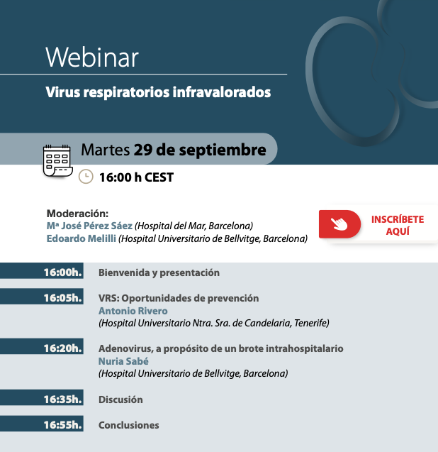 SENefrologia's tweet photo. 🔴 SAVE THE DATE | Webinar S.E.N. @SENTRAsplante
🆕 Virus respiratorios infravalorados
➡️ Martes, 29 septiembre, 16h CEST
✅ Reserva tu plaza gratuita en https://t.co/Avj2nS6HOW
🎙️Moderación: Drs. Mª José Perez Sáez
@kidney_mar @hospitaldelmar y @EdoardoMelilli @Nephrobellvitge @hbellvitge 
 🤝 Gracias al apoyo de @GSK_ES @msd_es y @Takeda_ES
¡Te esperamos!