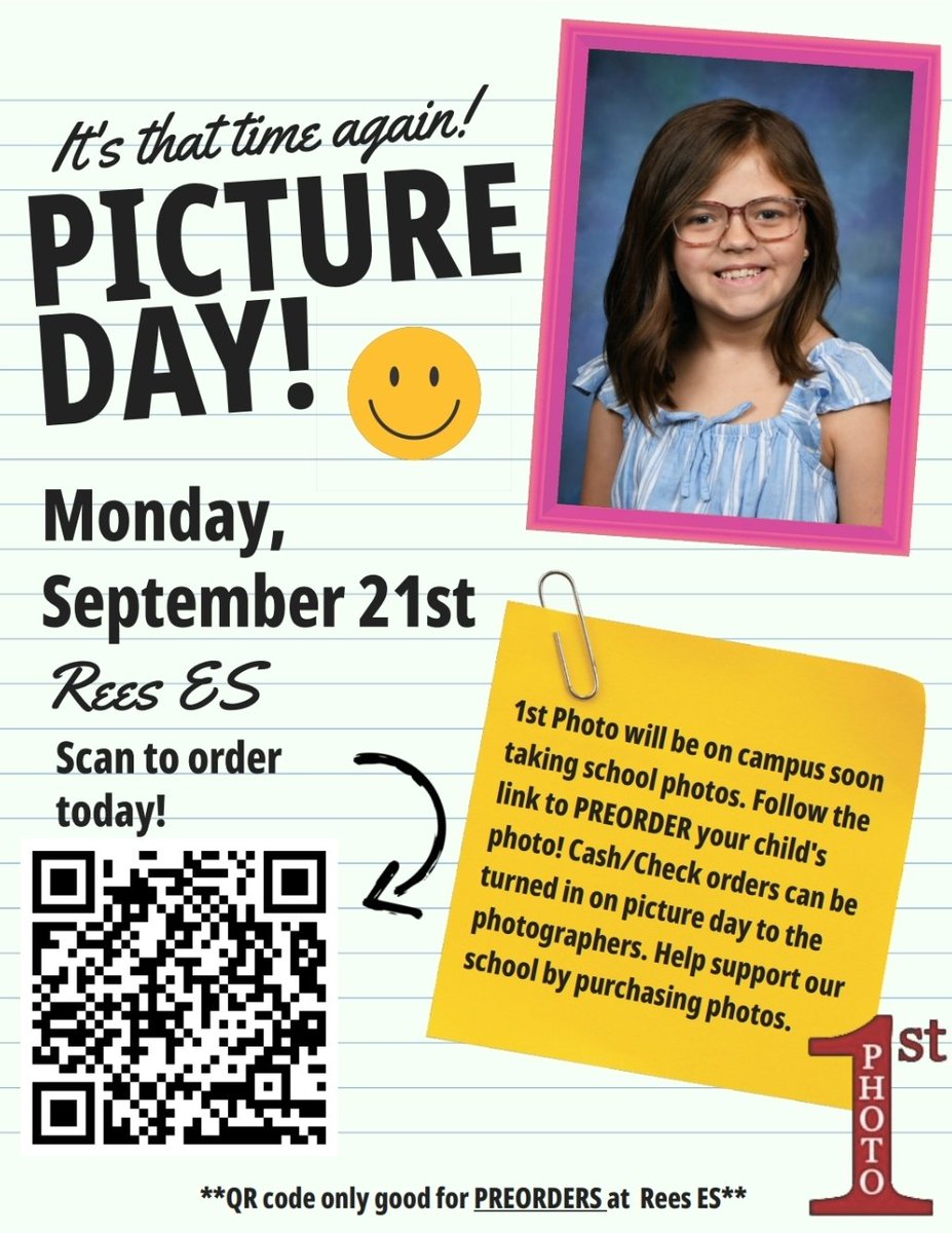 ReesStars's tweet photo. 📸 Picture Day is coming to Rees PVAA!
Get those Rees Star smiles ready for Monday, September 21st! 😁⭐
Families can scan the QR code on the flyer to preorder pictures.
#ReesPVAA #PictureDay #YouBelongHere #AliefISD https://t.co/wunG29Wuee