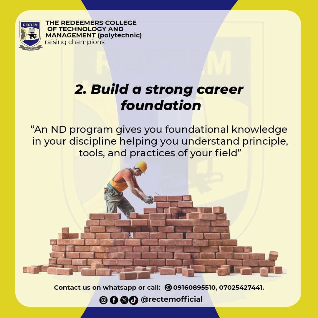 rectemofficial's tweet photo. Here’s why an ND program at RECTEM sets you apart:
1️⃣ Real hands-on experience
2️⃣ Solid career foundations
3️⃣ A direct pathway to higher education

Start building your future today! 👇
📞 09160895510 | 07025427441
📲 @rectemofficial https://t.co/KhJaZKCSgB