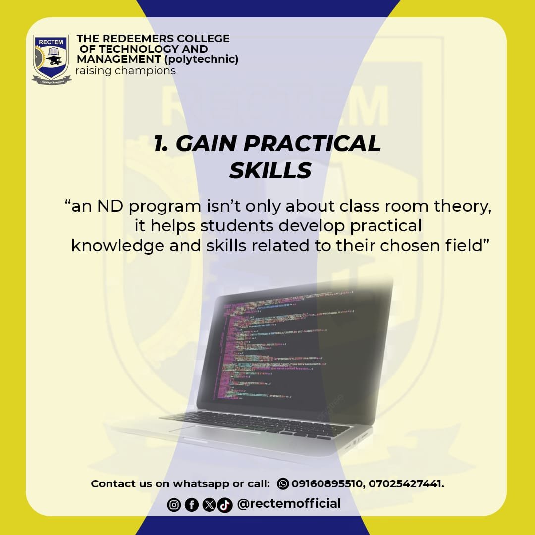 rectemofficial's tweet photo. Here’s why an ND program at RECTEM sets you apart:
1️⃣ Real hands-on experience
2️⃣ Solid career foundations
3️⃣ A direct pathway to higher education

Start building your future today! 👇
📞 09160895510 | 07025427441
📲 @rectemofficial https://t.co/KhJaZKCSgB
