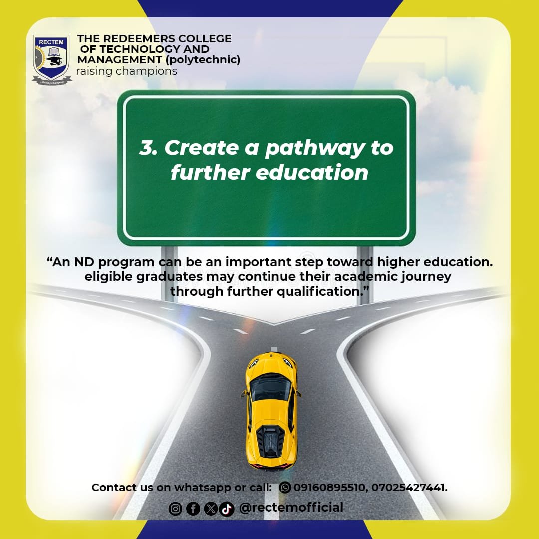 rectemofficial's tweet photo. Here’s why an ND program at RECTEM sets you apart:
1️⃣ Real hands-on experience
2️⃣ Solid career foundations
3️⃣ A direct pathway to higher education

Start building your future today! 👇
📞 09160895510 | 07025427441
📲 @rectemofficial https://t.co/KhJaZKCSgB