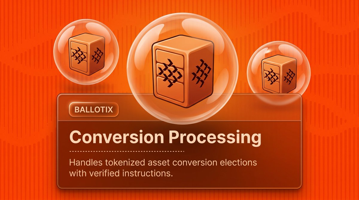 BallotixRoute's tweet photo. Conversion elections require more than simply selecting an option.

Ballotix handles tokenized asset conversion elections through verified instructions, helping ensure each holder's selected action is captured and routed correctly. https://t.co/3uK0FGE3aG