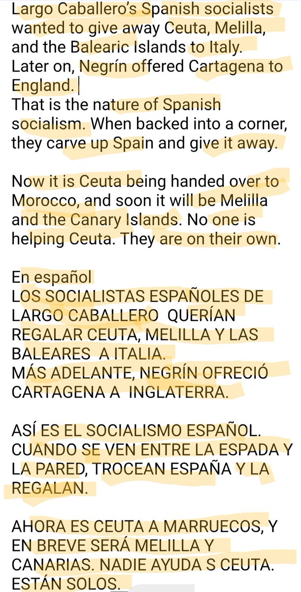 MargalCanada's tweet photo. Largo Caballero’s Spanish socialists wanted to give away Ceuta, Melilla, and the Balearic Islands to Italy. 
Later on, Negrín offered Cartagena to England. 
That is the nature of Spanish socialism. When backed into a corner, they carve up Spain and give it away. 

Now it is Ceuta https://t.co/PUiOyVzBXA