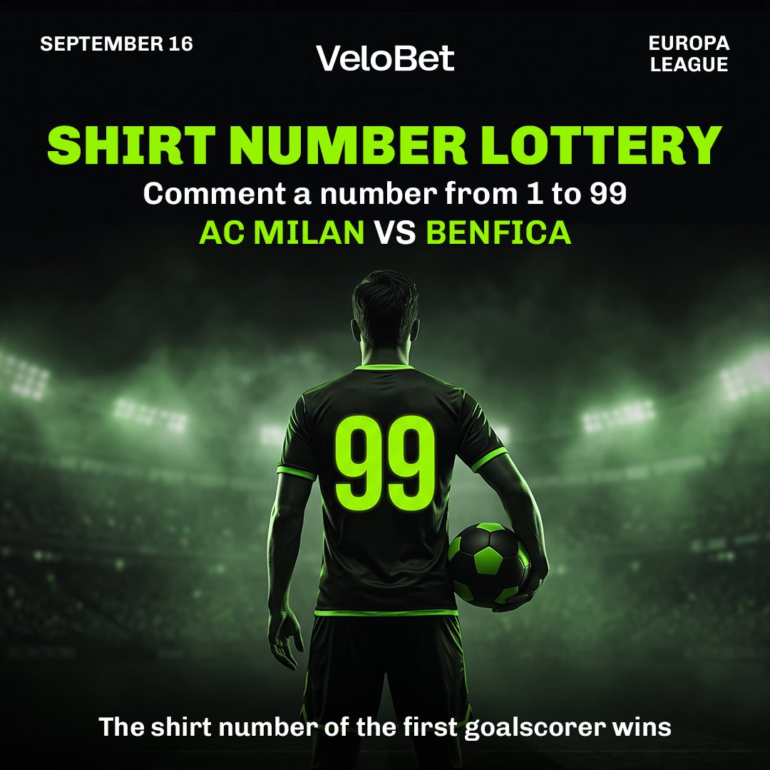 Velo_Win's tweet photo. 🔥 SHIRT NUMBER LOTTERY!

❤️ Like this post
💬 Comment a number from 1 to 99

⚽ If your number matches the shirt number of the first goalscorer in AC Milan vs Benfica, you win!

🎁 2 random winners from the correct answers will win the prize! https://t.co/hvYMmHzFhz