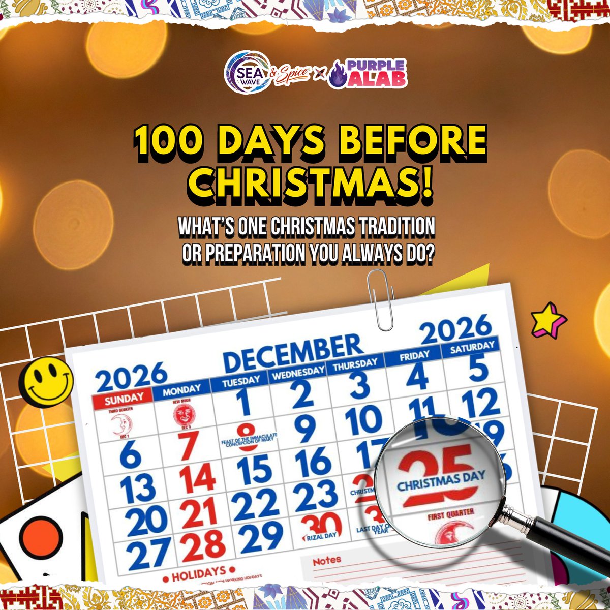 swicealab's tweet photo. SPICE IT UP!

100 days before Christmas! 👀🎄

The countdown is officially on, but every Filipino family has their own way of getting ready for the holidays. https://t.co/vgKxaPwqpU