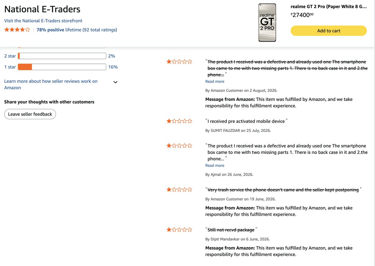 sore_rub's tweet photo. @amazon @amazonIN The fraud seller that @amazonIN @amazon is harbouring. They're selling refurbished and pre-activated devices to everyone and marketing them as 'new'. Violation of Section 420 and 415 of the Indian Penal Code (IPC). https://t.co/0qhPl3pXzv