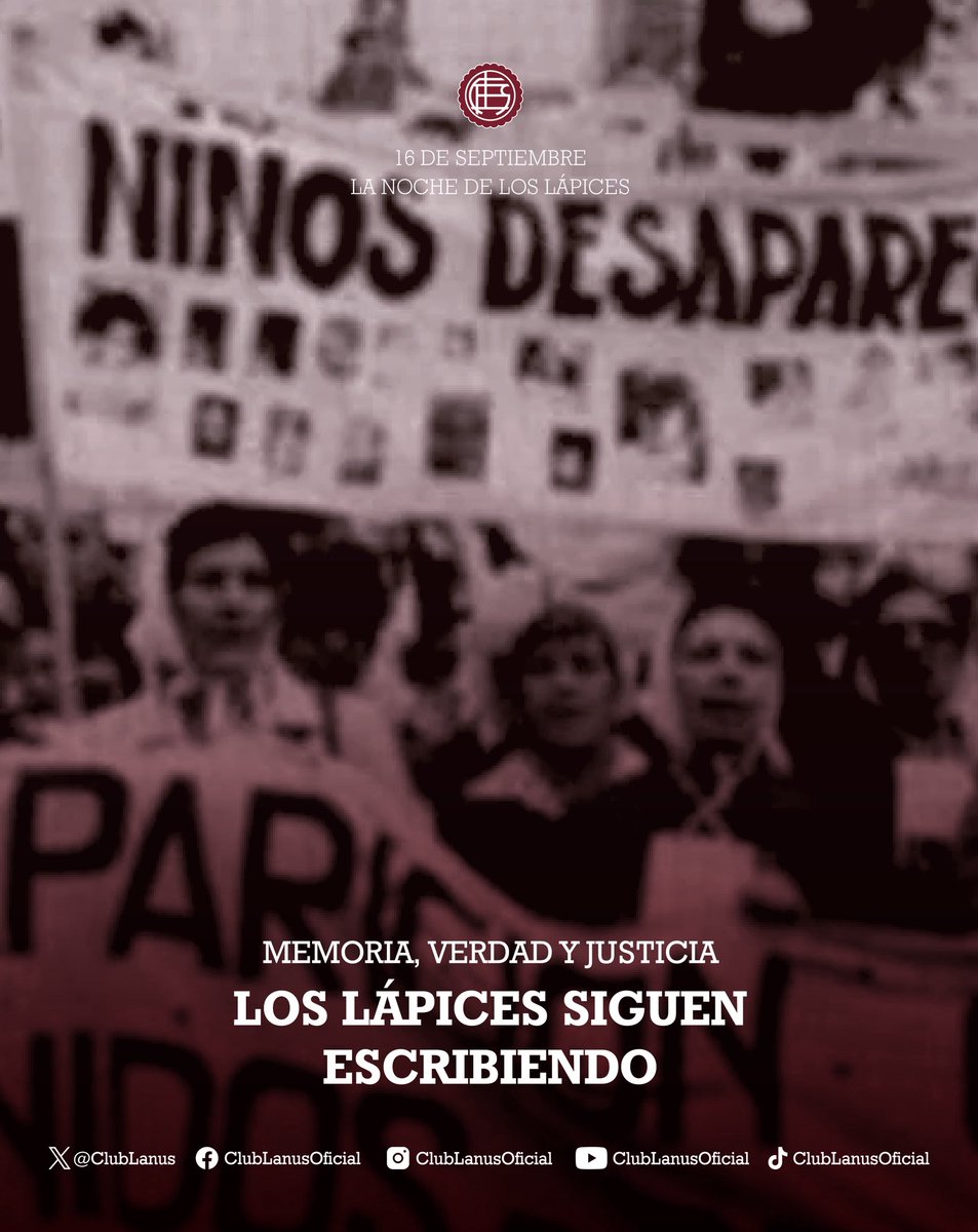 clublanus's tweet photo. #LanúsDDHH 🇱🇻✊ En el 50.º aniversario de La Noche de los Lápices, hoy se conmemora el Día Nacional de la Juventud.

Renovamos nuestro repudio contra el terrorismo de Estado y la violencia institucional.

Memoria, Verdad y Justicia para las víctimas de aquel trágico episodio. Nunca Más.