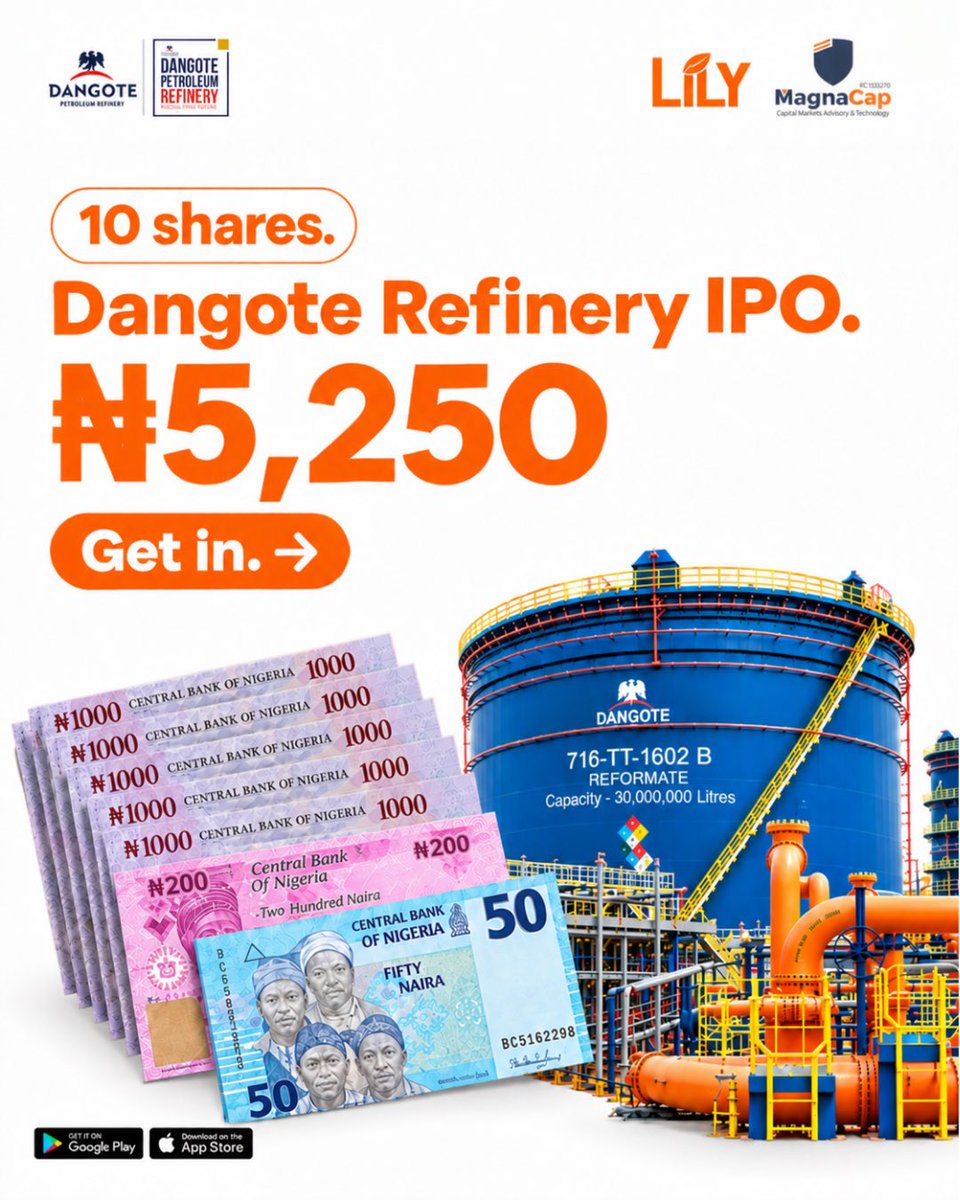 LilyFinanceHQ's tweet photo. You don’t need millions to get started.

With ₦5,250, you can subscribe for 10 shares in the Dangote Refinery IPO.

The IPO is LIVE. 
If you’ve been waiting, this is your entry point.

Download the Lily Finance app today to get in. https://t.co/suBa7AuxL0