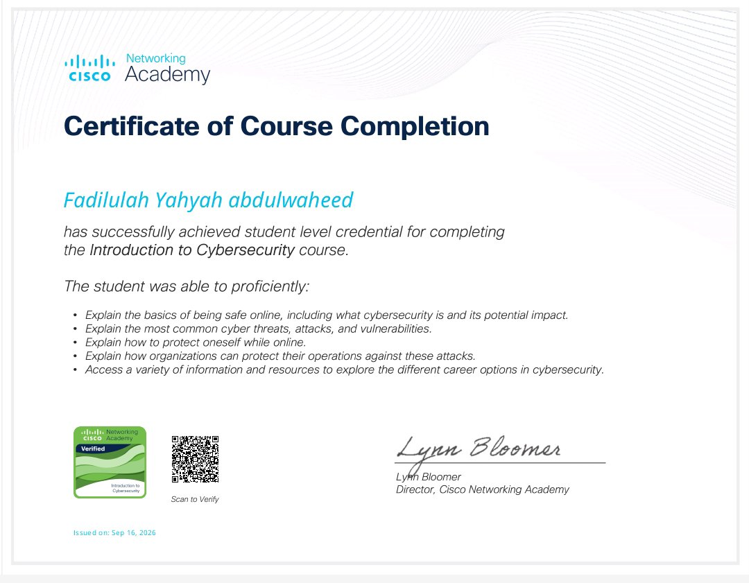 FadilulahA999's tweet photo. π Successfully completed @CiscoNetAcad Academyβs Introduction to Cybersecurity!
Big appreciation to the Cyberian Community for the support, motivation, and knowledge-sharing. π«‘π
More learning ahead! ππ
#CybarianCommunity #Cybersecurity #CiscoNetAcad https://t.co/AxM6U7y9w0