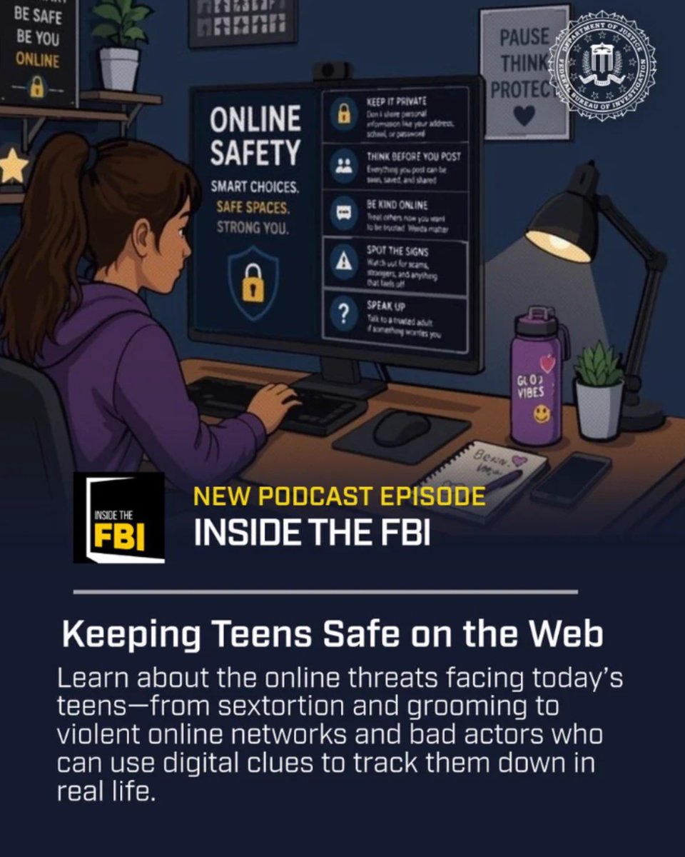 Teen focused on a computer screen displaying online safety tips about privacy, kindness, and reporting threats in a dimly lit room with FBI podcast promotion.