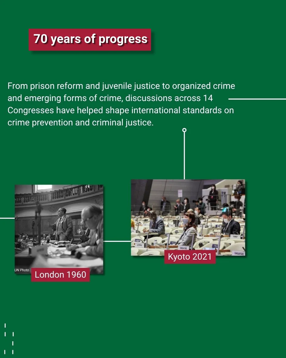 The slide shows a photo from the Crime Congress in London from 1960 with a man standing up and speaking. Next to it is a photograph of the most recent Crime Congress from 2021 in Kyoto, Japan. People are sitting far apart from each other, wearing masks and being separated by plastic walls. Alongside is the following text: "70 years of progress. From prison reform and juvenile justice to organized crime and emerging forms of crime, discussions across 14 Congresses have helped shape international standards on crime prevention and criminal justice."
