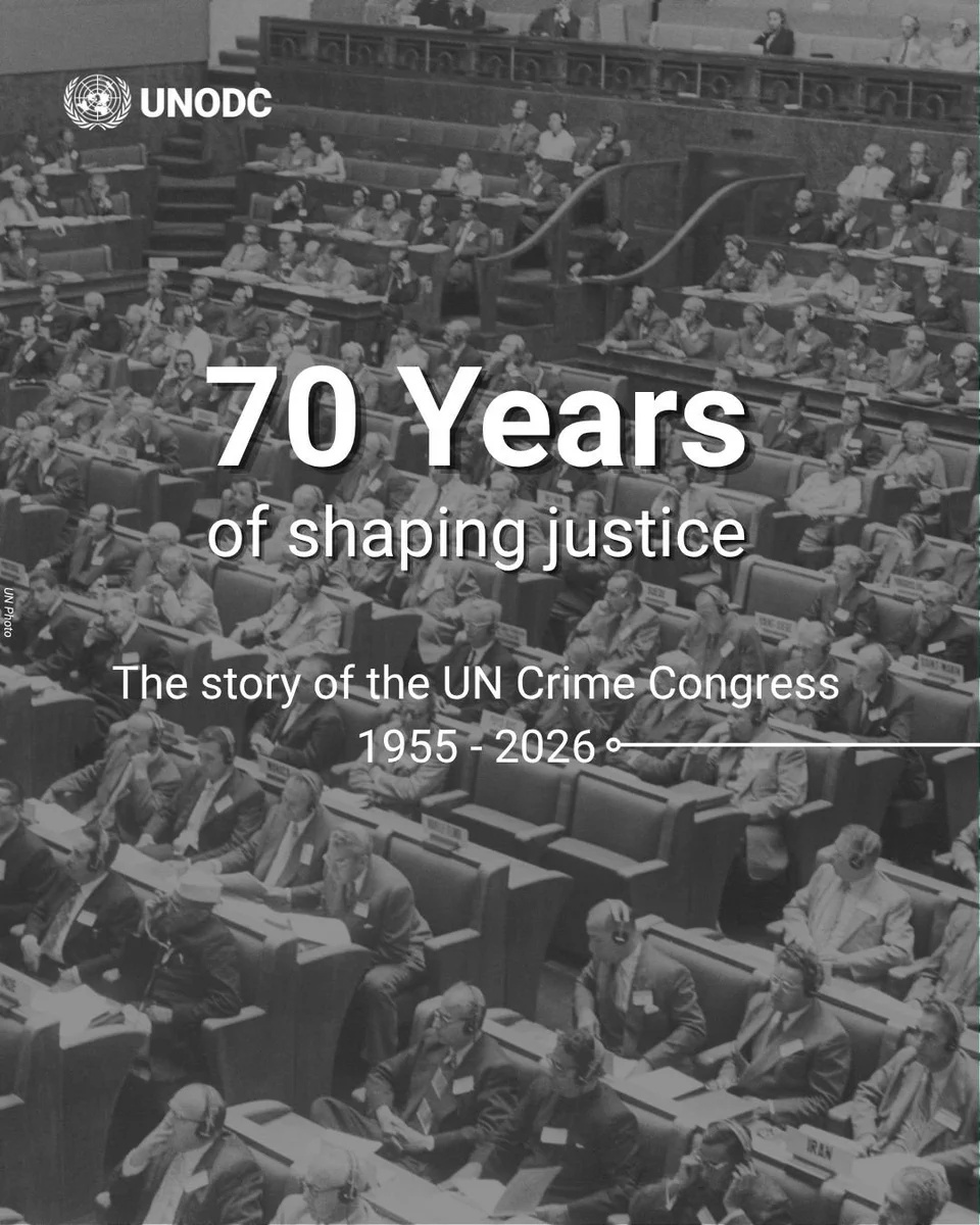 The image shows a photo from the very first Crime Congress in Geneva, Switzerland from 1955 in black and white. Alongside is the following title: "70 years of shaping justice. The story of the UN Crime Congress 1955 - 2026".