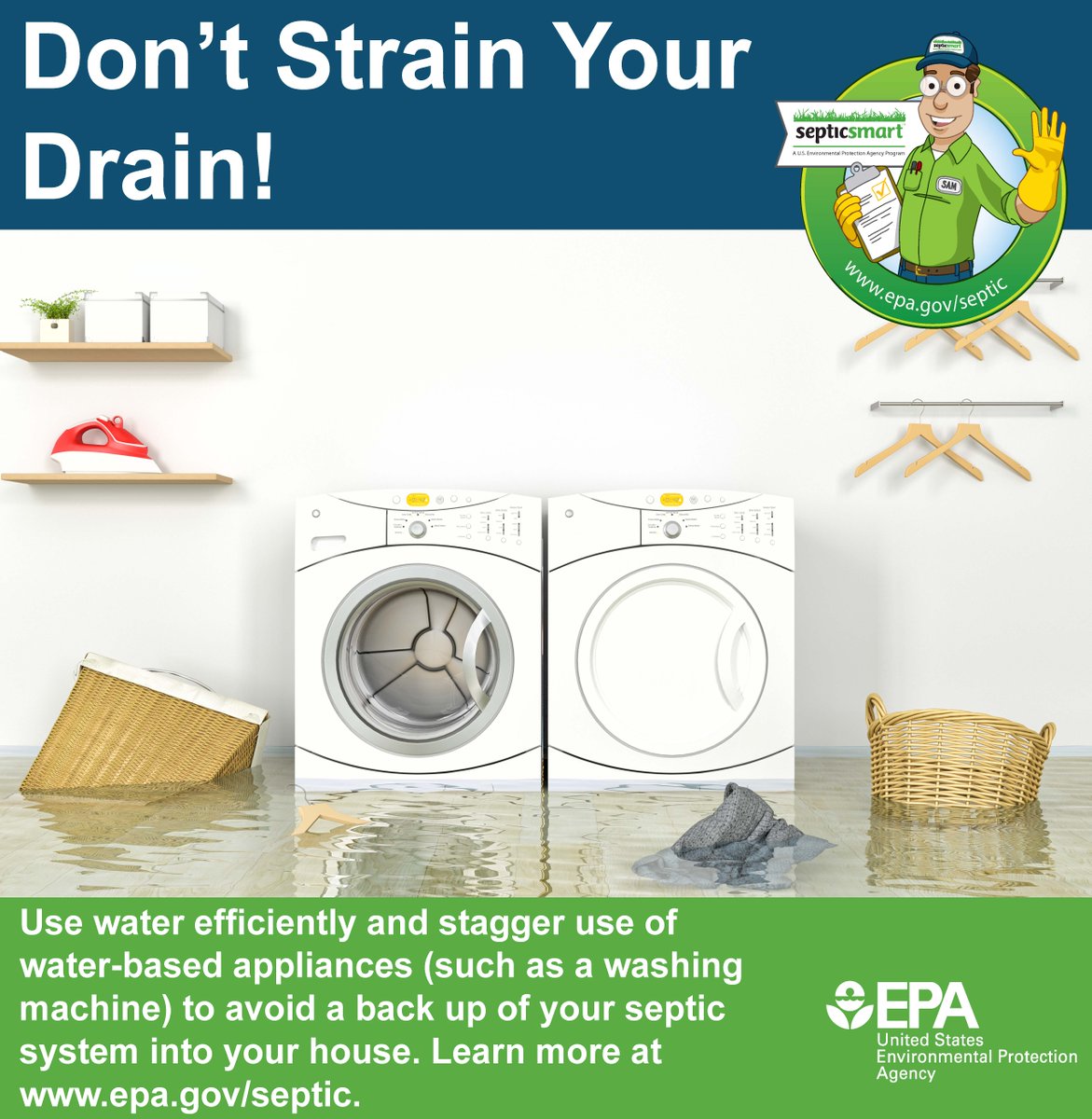 Laundry room flooded with water around a washing machine and dryer, emphasizing septic system care and water use efficiency.