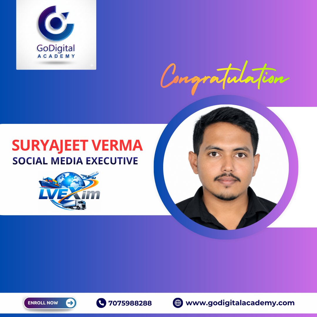 GoDigitalin2's tweet photo. 🎉 Congratulations, SURYAJEET VERMA! 🎉

We are proud to celebrate the successful placement of SURYAJEET VERMA as a Social Media Executive at LVEXIM! 🚀

Your dedication, hard work, and digital marketing skills have opened the door to a successful career. 🌟

👏 GoDigital Academy congratulates you on this achievement!

💼 Learn Digital Marketing. Build Your Career. Get Placed!

👉 WhatsApp Us: https://t.co/EZjxF1hjAk
🌐 Visit: https://t.co/Nzcsj1Xfot
🎓 100% Placement Guarantee
📞 7075988288 / 6309488288
💻 Offline & Online Classes Available

👉 Admissions Open – Join Today
📅 New Batch Starts From 21st Sep 2026

#GoDigitalAcademy #PlacementSuccess #StudentSuccess #SuryajeetVerma #SocialMediaExecutive #DigitalMarketing #CareerGrowth #JobPlacement #DigitalMarketingCourse #Hyderabad #LVEXIM #Congratulations #SuccessStory #LearnAndGrow