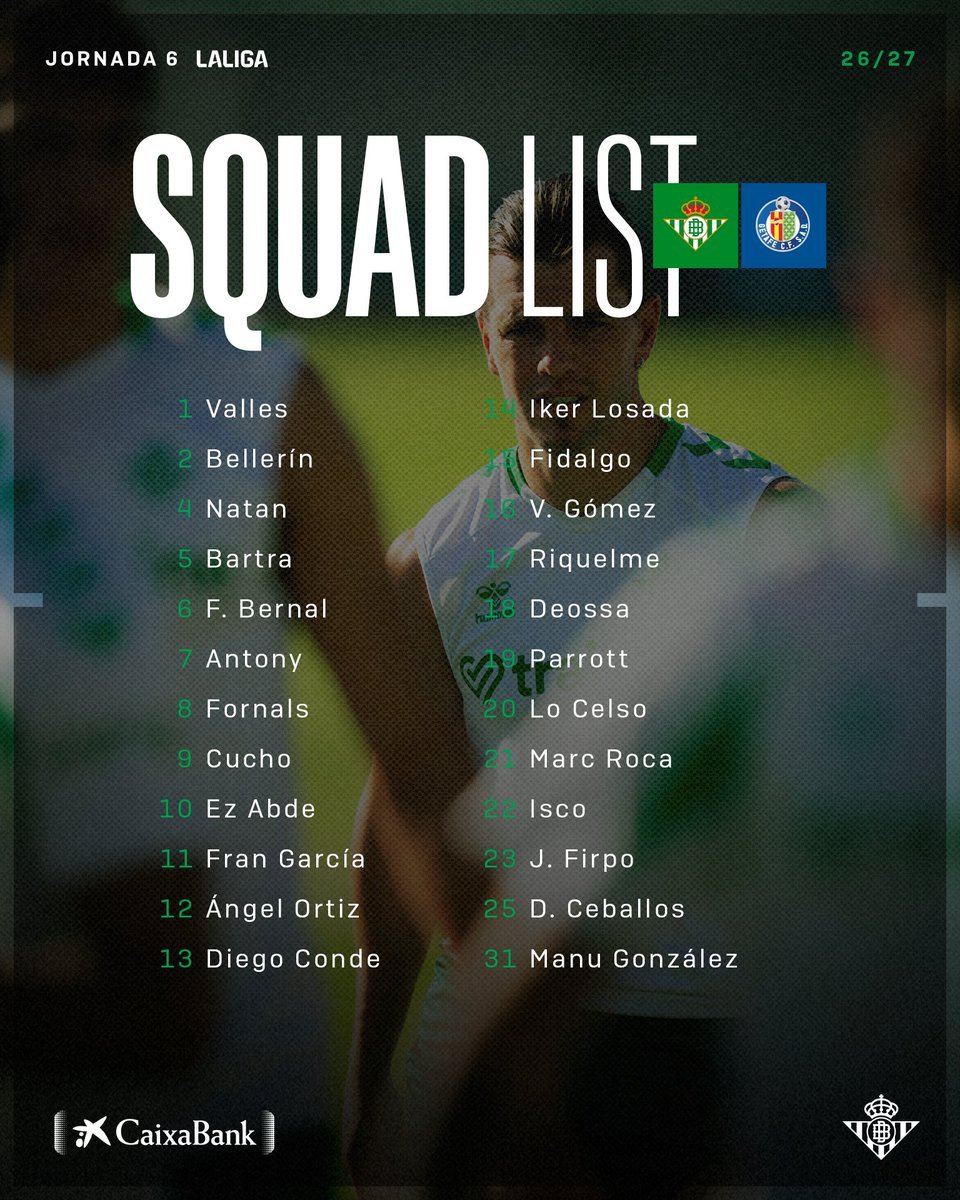 RealBetis_jp's tweet photo. ヘタフェ戦の招集メンバー発表 🗒️⚽️

#RealBetisGetafe #レアル・ベティス https://t.co/nw6kFTf5zn