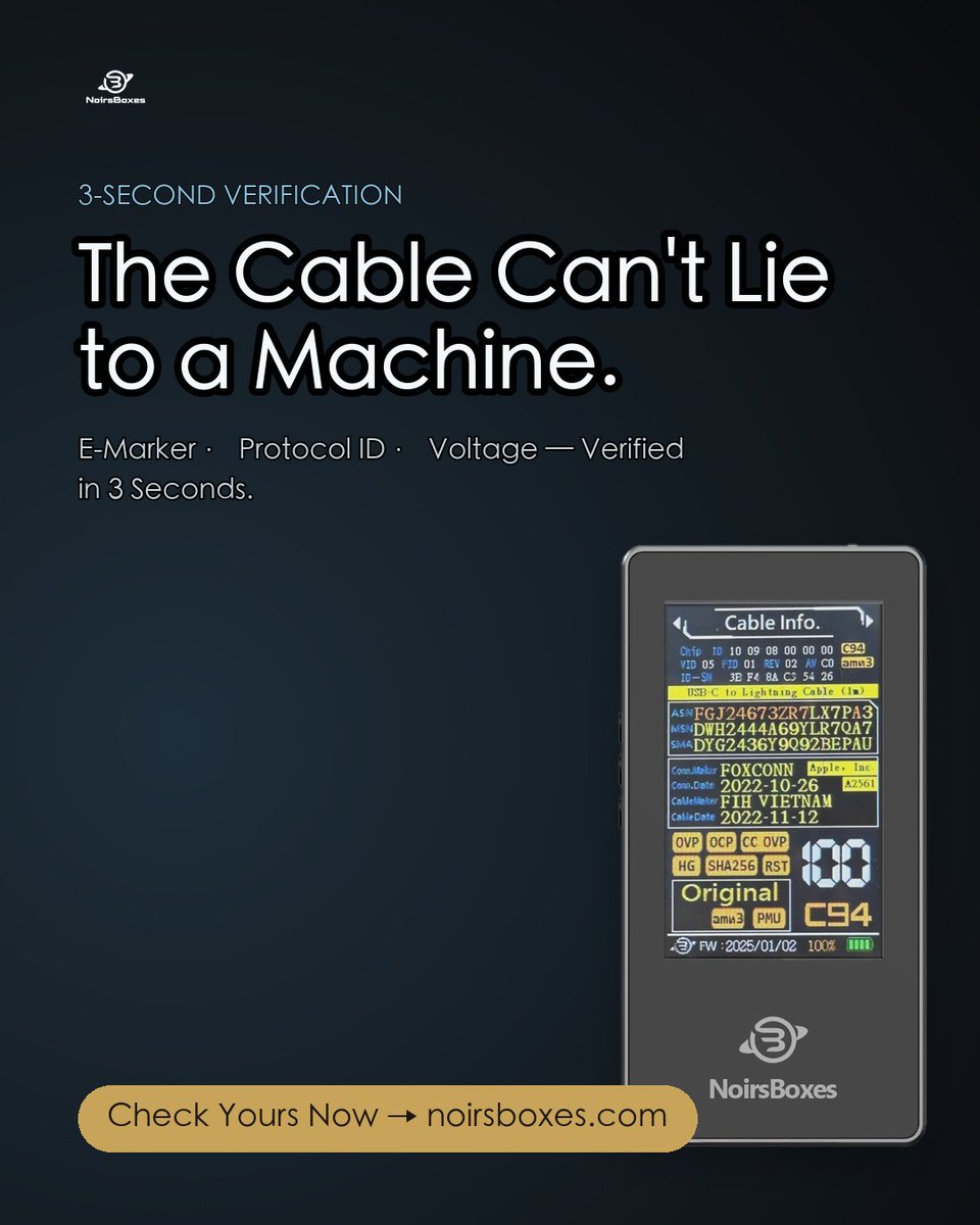 NoirsBoxes's tweet photo. The Cable Can't Lie to a Machine. E-Marker, Protocol ID, Voltage — verified in 3 seconds. Check yours → https://t.co/9tdC7LiNjW #NoirsBoxes #MFi https://t.co/rVBOjYZvLo
