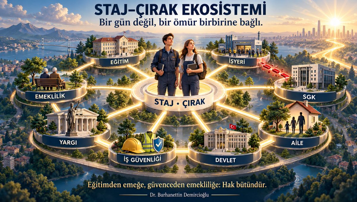 bdemircioglu's tweet photo. STAJ–ÇIRAK EKOSİSTEMİ
Staj ve çıraklık yalnızca okul ile işyeri arasında geçen bir dönem değildir. Eğitimden emeğe, iş güvenliğinden SGK’ya, yargıdan emekliliğe uzanan bir hayat zinciridir.
Zincirin tek halkası olmazsa mağduriyet bir gün değil, bir ömür sürer. Çünkü hak parçalanamaz; hak bütündür.