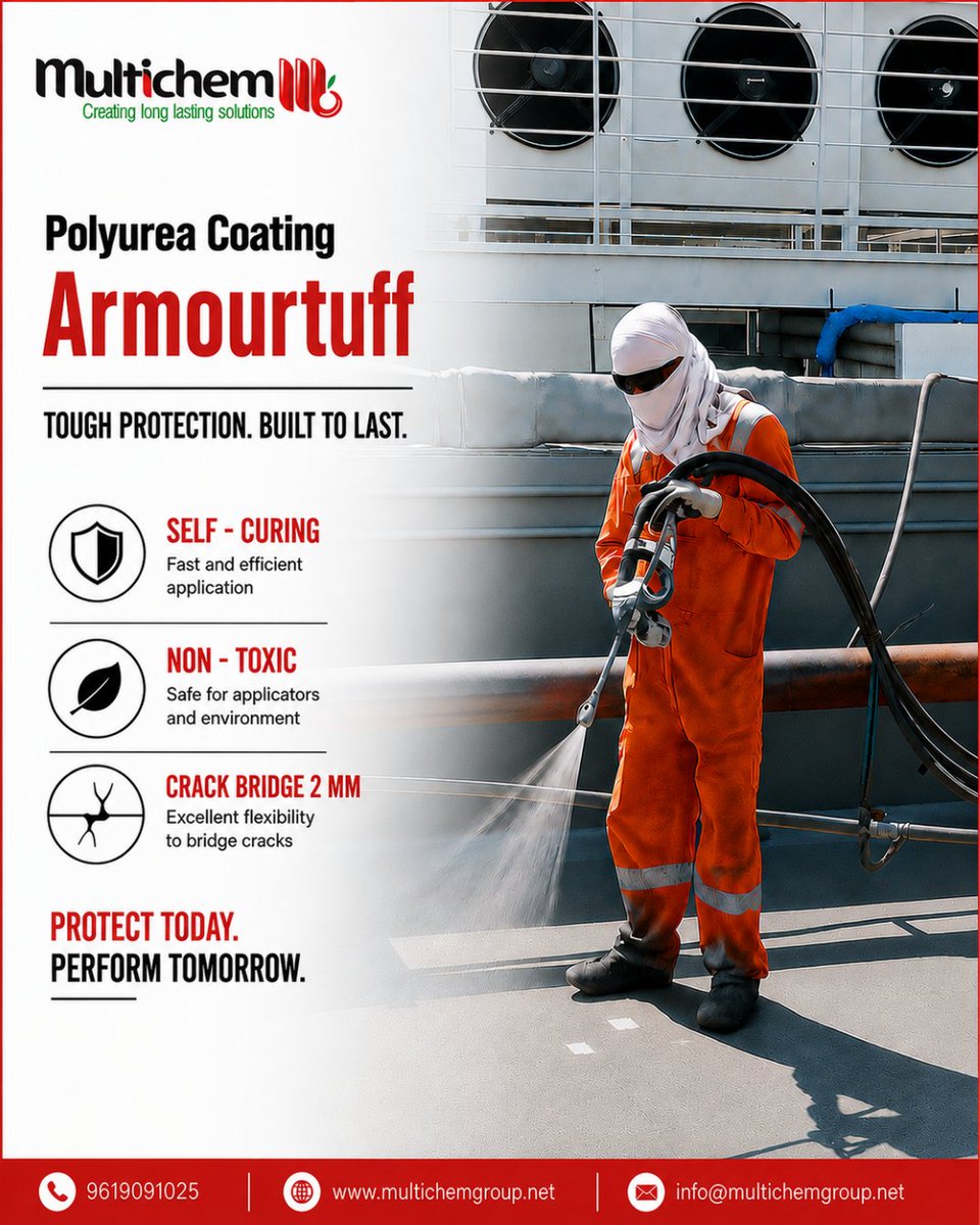 multichem_group's tweet photo. Armourtuff is a high-performance polyurea coating for fast, durable, and flexible surface protection. To know more: 
https://t.co/VVHiPO37ke

#Multichem #Armourtuff #Polyurea #PolyureaCoating #IndustrialCoating #ProtectiveCoating #Waterproofing #ConstructionChemicals https://t.co/U8hlP2Z6Mf