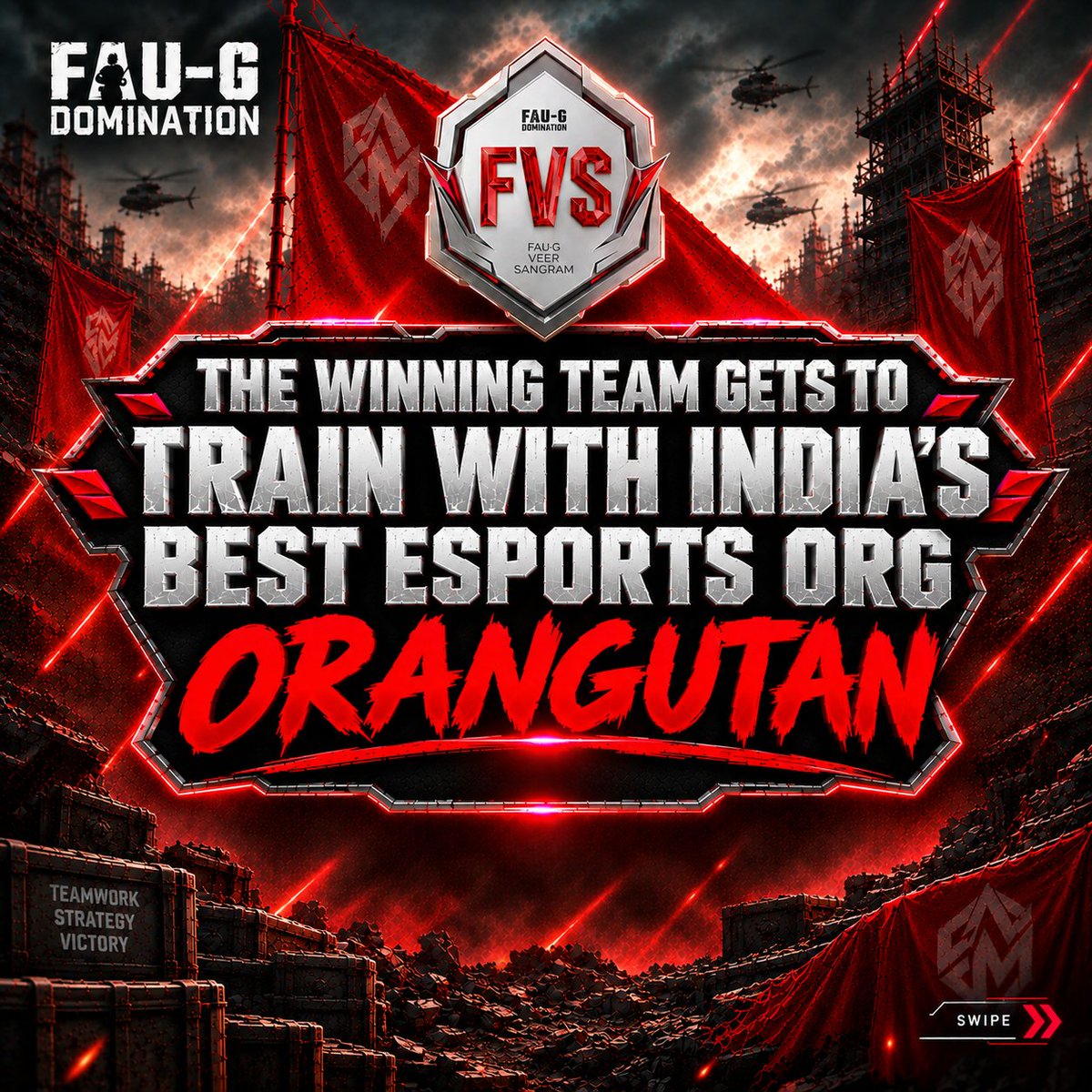 FAUGDomination's tweet photo. 🚨By popular demand 🚨

The winning team train with India’s most successful esports org — Orangutan Esports. Lock in. Win. And welcome to FVS LAN.
Prize pool is ₹10,00,000.
Dates are October 17 and 18 in Mumbai.

If you think your squad will qualify, book refundable tickets. https://t.co/QlQIvNcl7t