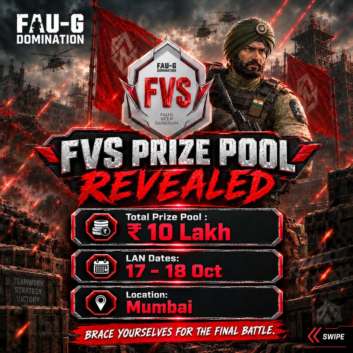 FAUGDomination's tweet photo. 🚨By popular demand 🚨

The winning team train with India’s most successful esports org — Orangutan Esports. Lock in. Win. And welcome to FVS LAN.
Prize pool is ₹10,00,000.
Dates are October 17 and 18 in Mumbai.

If you think your squad will qualify, book refundable tickets. https://t.co/QlQIvNcl7t