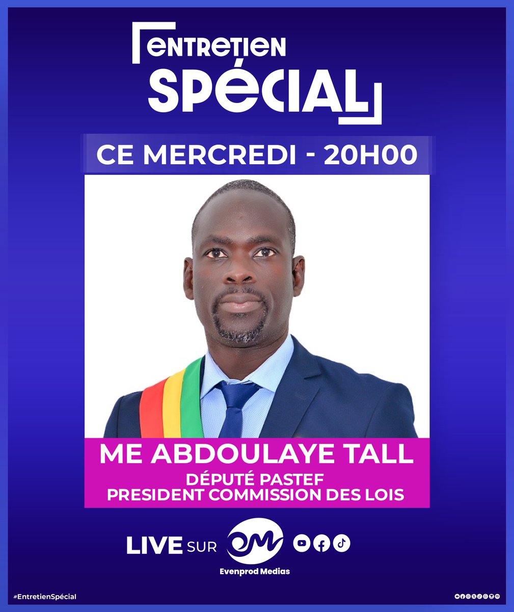 EvenProdMedia's tweet photo. 📢 ENTRETIEN SPÉCIAL : @MeAbdoulayeTall ce mercredi à 20h00
Le député PASTEF et président de la Commission des lois sera l'invité d'Entretien Spécial sur Evenprod Médias.
#EvenprodMedias #Sénégal #EntretienSpécial #PASTEF #MeAbdoulayeTall #MeTall https://t.co/ey0NVGkWyL