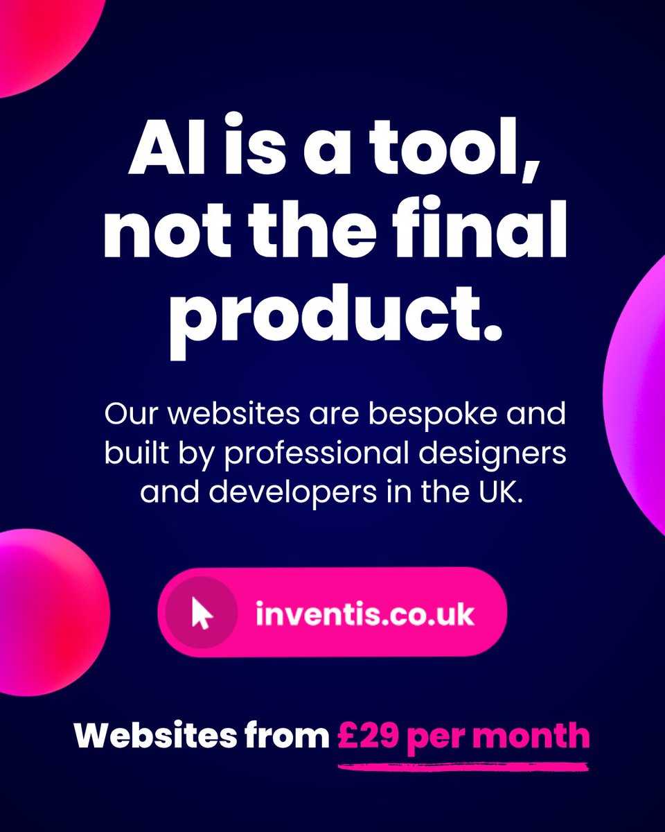 InventisUK's tweet photo. We use AI where it helps. But we'll never replace the thinking, design, and care that makes your website yours.
A website that's truly yours needs purpose. Strategy. Understanding.

That's what we do. Read the full story: https://t.co/ba5CPdB20S https://t.co/Kupywn8m9i