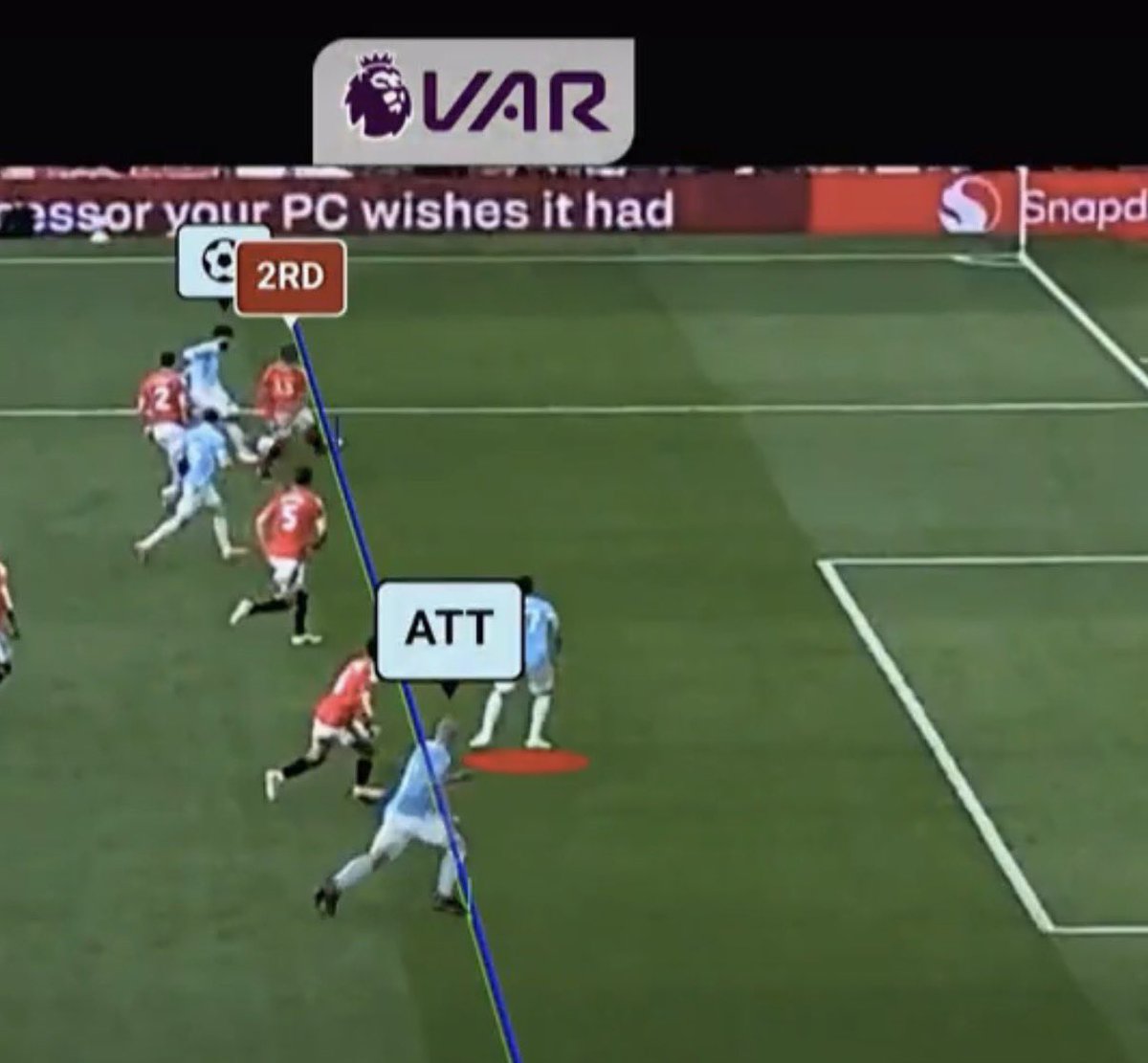 Deancunny's tweet photo. This is taken from the pro ref release in what they call the genius angle! Am I missing something here but haalands knee is ahead of the line as is his head? Why is that not being discussed? I’m pretty sure he is off as, then the obvious comical error with Enzo. @prorefofficial https://t.co/7l8d8mH1BJ