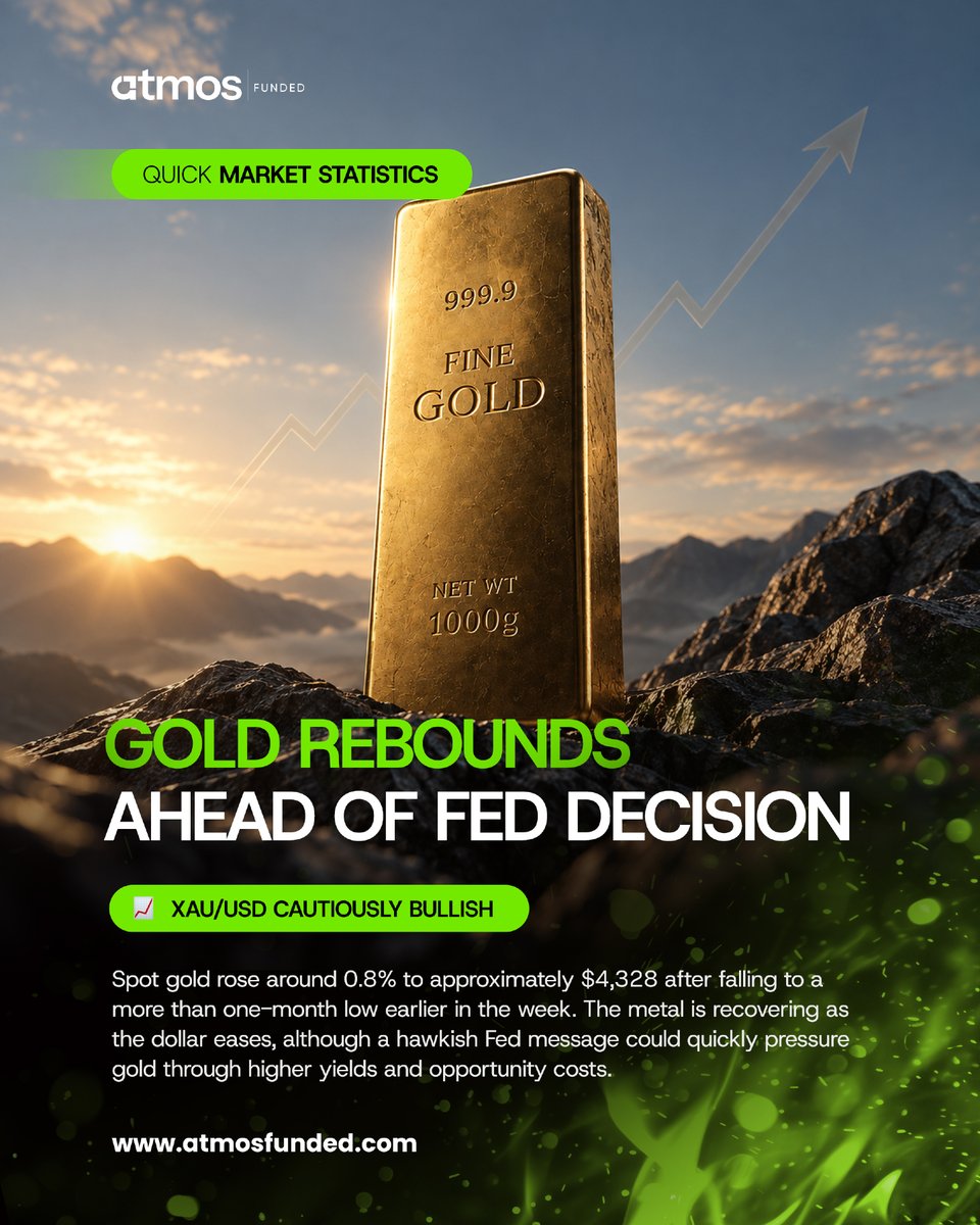 Atmosfunded's tweet photo. Gold is back on the move 📈

XAU/USD has rebounded around 0.8% after hitting a one-month low, with a softer dollar helping gold regain ground.

Now all eyes are on the Fed. A hawkish message could put fresh pressure on gold as traders react to the latest rate decision. https://t.co/pQJyxrE3Oc