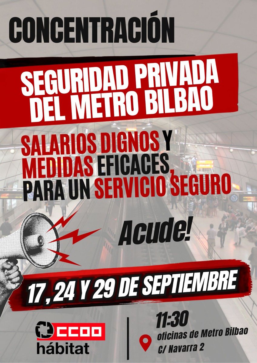 CCOOHabitat_EU's tweet photo. @CCOOHabitat_EU
@CCOO_Habitat
@CCOOeuskadi
nos concentramos junto a USO mañana 17 a las 11:30 en el edificio del @metrobilbaoeus para exigir incrementos del Plus de Peligrosidad y Plus Metro así como más personal y medidas eficaces para lxs vigilantes.
👇
https://t.co/M5GGQlINR9 https://t.co/4GGsMQvUxz