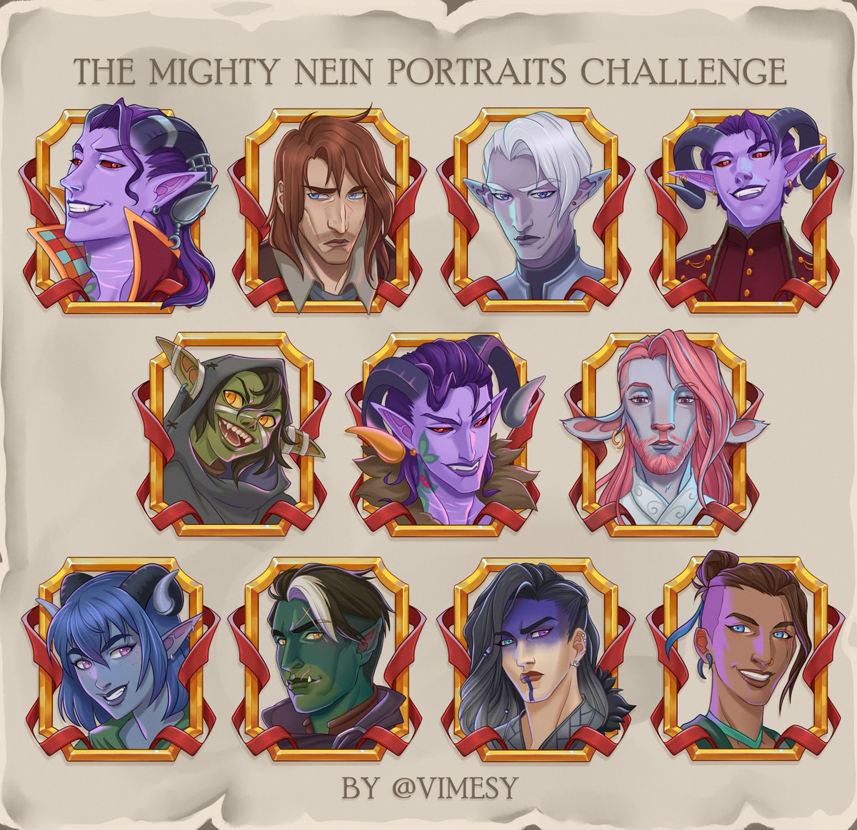 Vimesy's tweet photo. I finished the portraits challenge featuring the characters from the Mighty Nine! SixFanarts weren't enough for me — and not even NineFanarts  

#themightynein #criticalrole #criticalroleart https://t.co/aiJ2S7qA2o