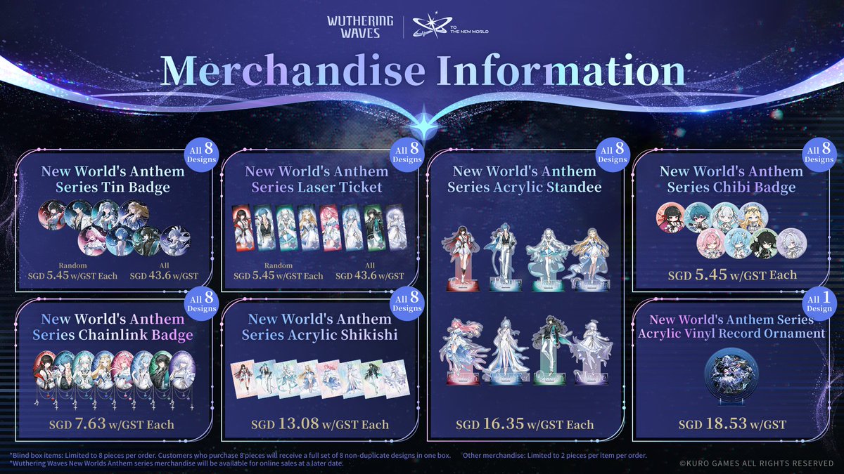 Wuthering_Waves's tweet photo. Singapore Stop of Wuthering Waves Concert Tour "To the New World"
Merchandise Pop-up Sales Information Revealed!

Location: City Link West Atrium
Address: 1 Raffles Link, Singapore

Sales Hours: 
Sept 26th: Sales start at 10:30 AM; new queue cutoff at 6:30 PM
Sept 27th: Sales start at 10:30 AM; new queue cutoff at 8:00 PM

※ Wuthering Waves New Worlds Anthem series merchandise will be available for online sales at a later date. 
※ Stock is limited and available while supplies last.
※ Please check the image for notes on merchandise sales.

We look forward to seeing you in Singapore!
#WutheringWaves #TotheNewWorld #WuWa2026WorldTour