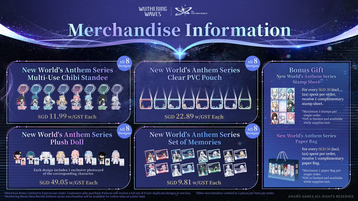 Wuthering_Waves's tweet photo. Singapore Stop of Wuthering Waves Concert Tour "To the New World"
Merchandise Pop-up Sales Information Revealed!

Location: City Link West Atrium
Address: 1 Raffles Link, Singapore

Sales Hours: 
Sept 26th: Sales start at 10:30 AM; new queue cutoff at 6:30 PM
Sept 27th: Sales start at 10:30 AM; new queue cutoff at 8:00 PM

※ Wuthering Waves New Worlds Anthem series merchandise will be available for online sales at a later date. 
※ Stock is limited and available while supplies last.
※ Please check the image for notes on merchandise sales.

We look forward to seeing you in Singapore!
#WutheringWaves #TotheNewWorld #WuWa2026WorldTour