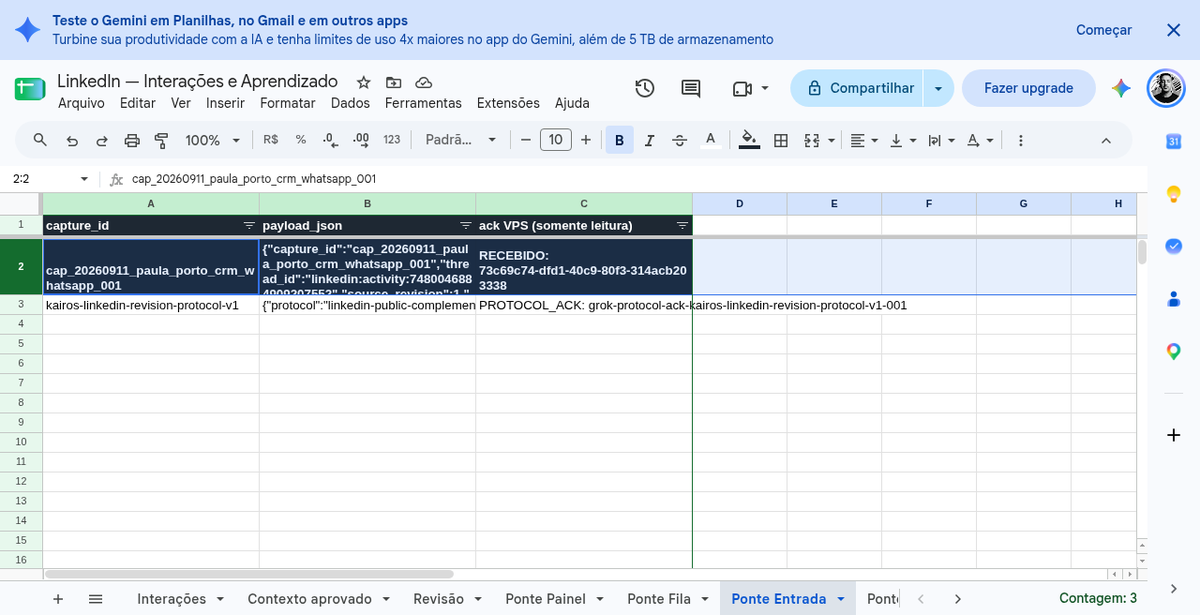 euvinilara's tweet photo. I don’t use Grok Bot as a chat toy.

I use it as the edge hand for logged-in work APIs can’t cleanly do.

Loop: public LinkedIn capture → JSON in a private Sheet bridge → VPS sync → draft → review. Publish stays BLOCKED until a human gate.

Diagnosis before the tool. https://t.co/p2vPYUT64x