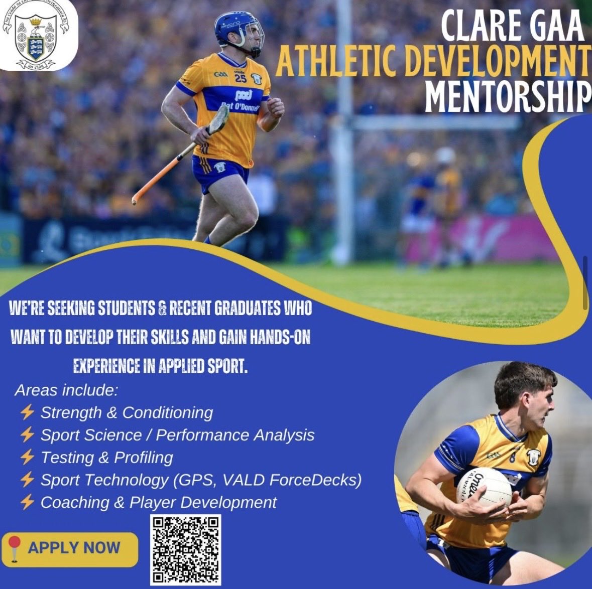 conorshannon97's tweet photo. 📢 We are are recruiting students &amp; recent graduates for @GaaClare 2027 mentorship/internship roles with our Academy/Minor/U20 squads. 
Opportunities in: S&amp;C, sport science, testing &amp; profiling + sport tech (GPS, VALD ForceDecks) 🟡🔵
Apply here 👉 [https://t.co/EfB4XwJ6NS] https://t.co/N7INmIsF54