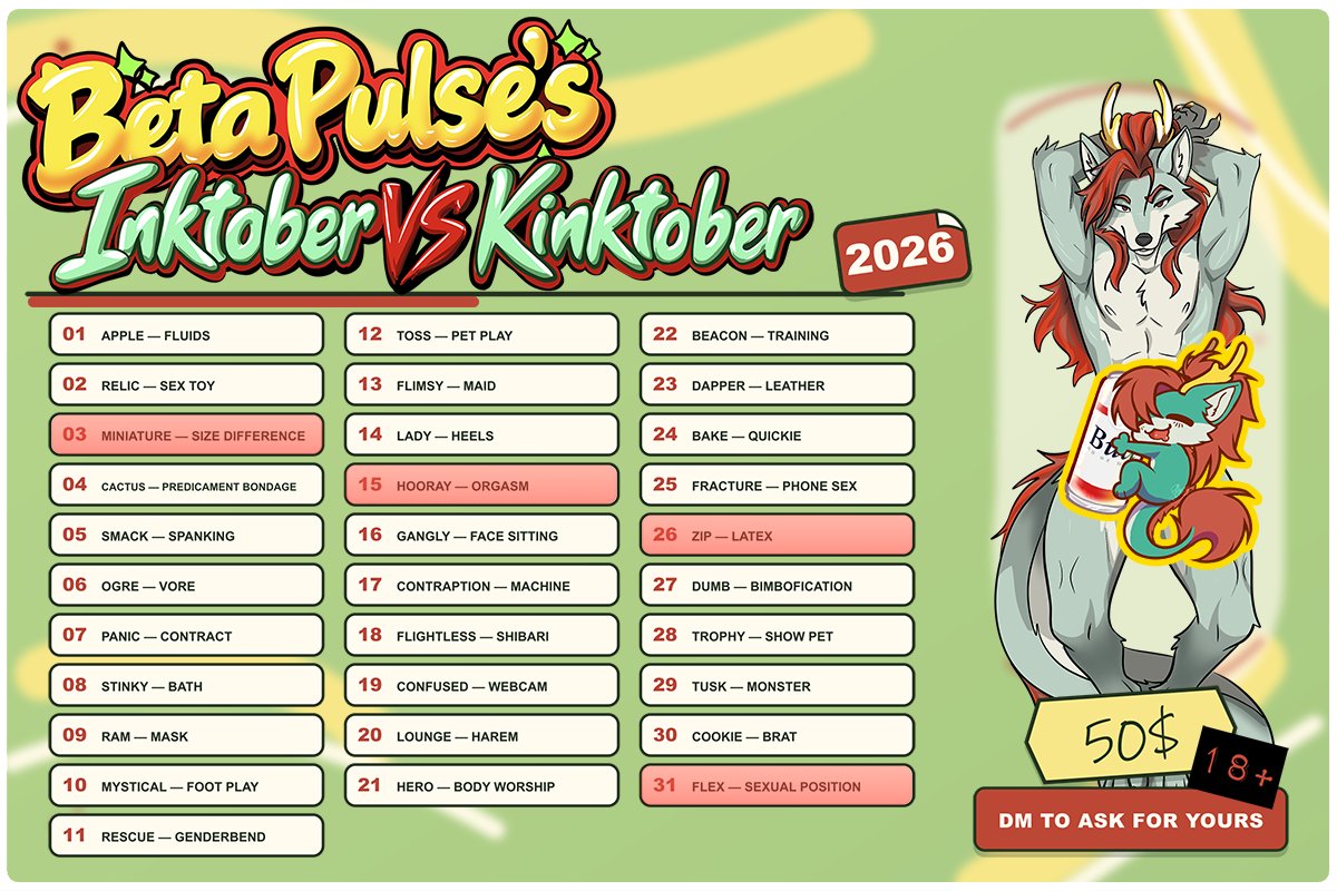beta_pulse's tweet photo. Je fais une petite mise à jour des dispo pour Kinktober :D !
#furry #furryart #inktober #kinktober https://t.co/LgmlOMFgHi